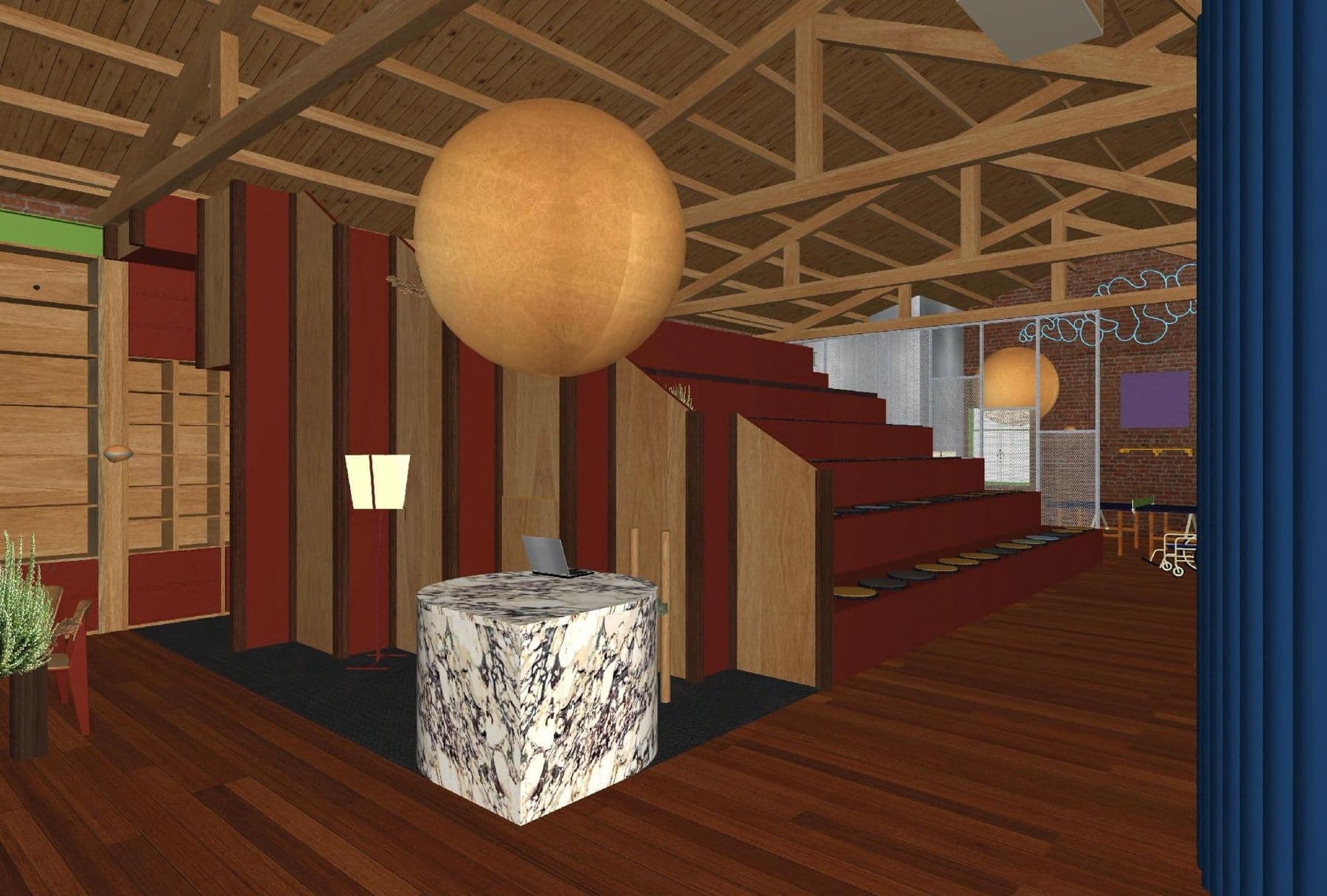Reception and the stairs to the mezzanine