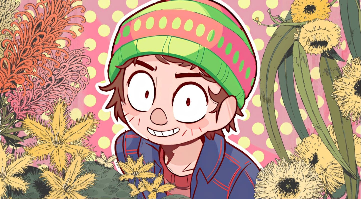 Narayana Johnson, drawn as his Cult of the Lamb follower, in a striped beanie among native flowers